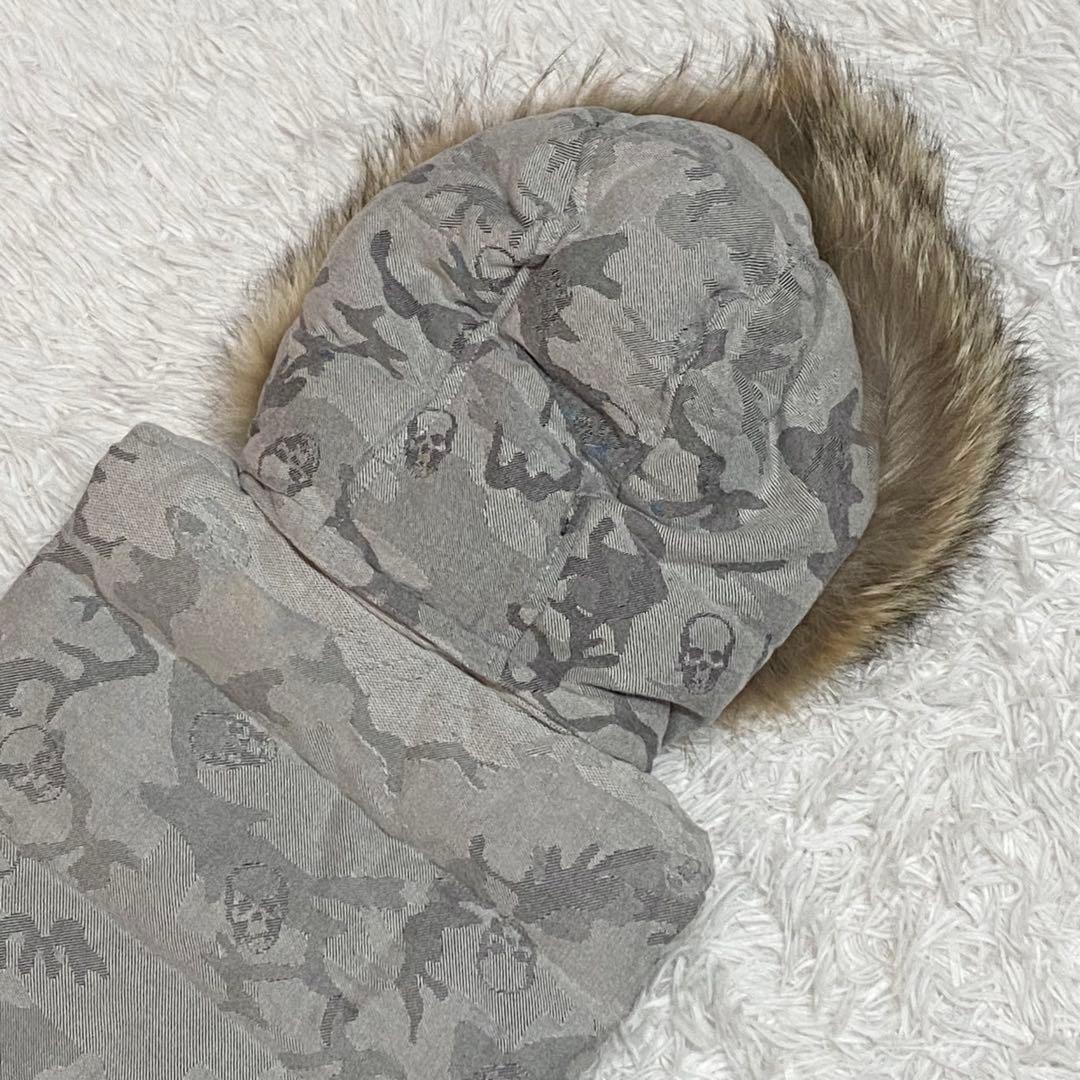 日本製・ルシアンペラフィネ・ダウンベスト・ファー・グレー・スカル柄・XSサイズ