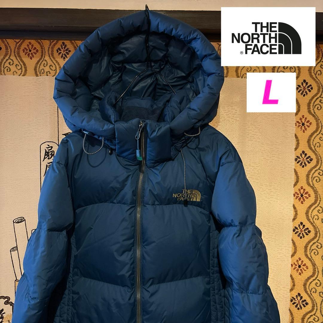 【美品】 ノースフェイス フードダウン レディースL ネイビーパープル