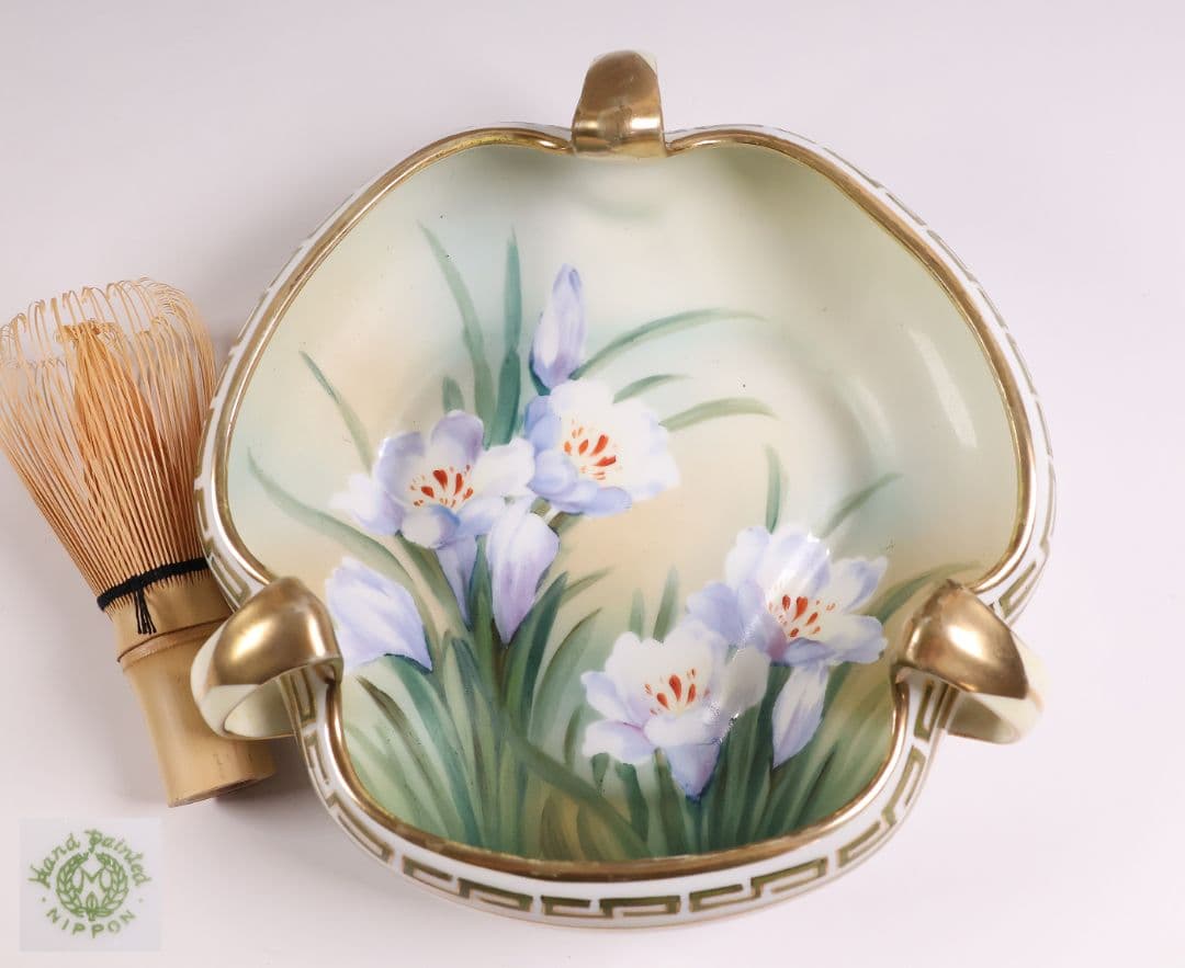 【CM307】オールドノリタケ 草花 三耳 皿 鉢 幅18.3cm 金彩 水仙