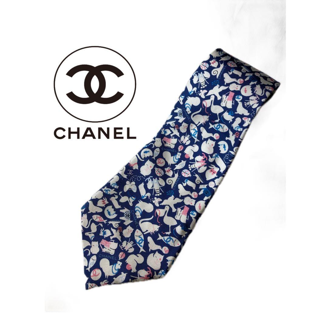 国内直営店購入 CHANEL 動物柄 ネクタイ / シャネル正規品 猫 ネコ 犬
