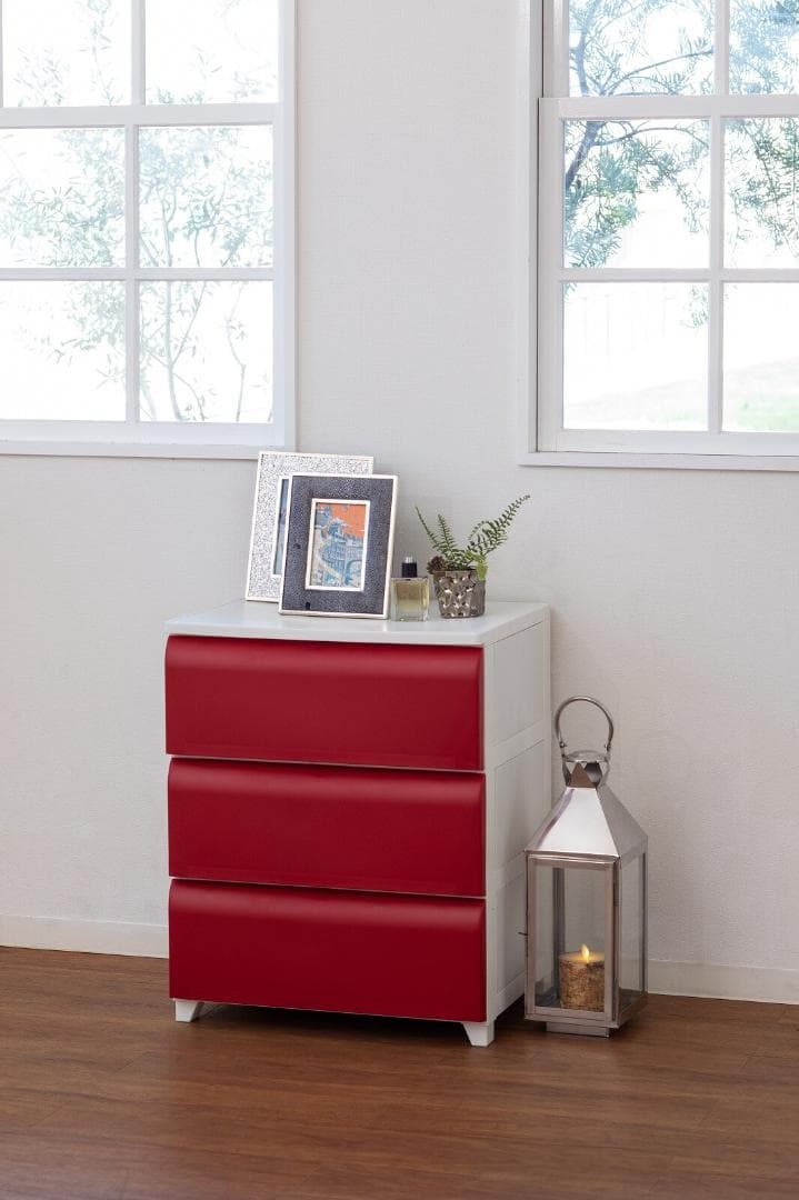 PES CST　収納チェスト　3段　日本製　ホワイト＊レッド　ワイド