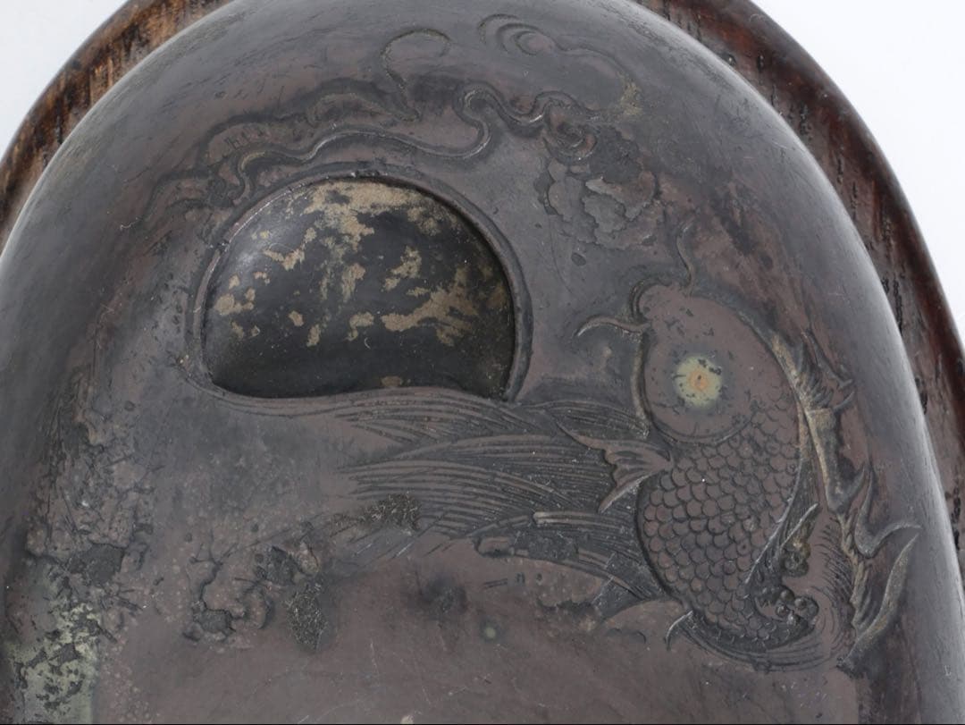 中国古玩 端渓硯 鯉図陽刻 唐木台付 文房四宝 書道具 古美術 骨董品 中国美術