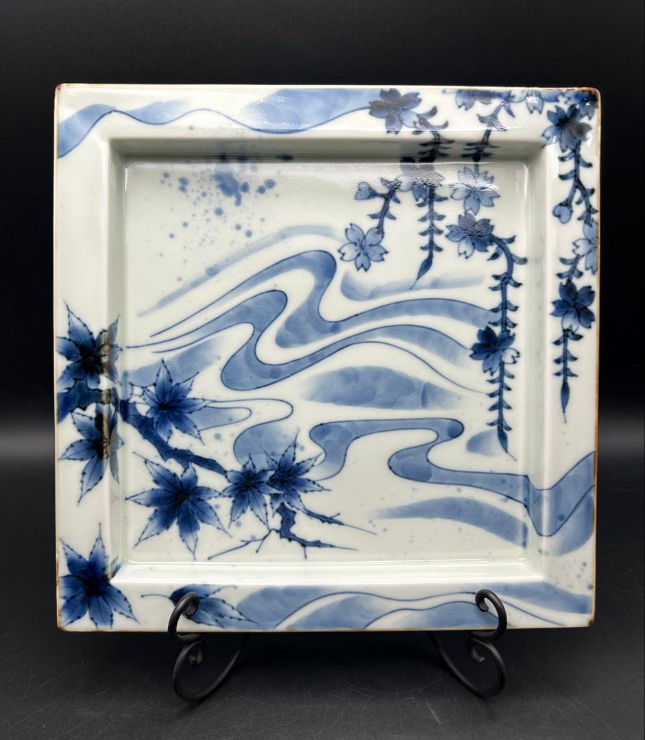 陶器　有田焼　福泉窯　正角盛皿　染付　桜　紅葉　未使用品