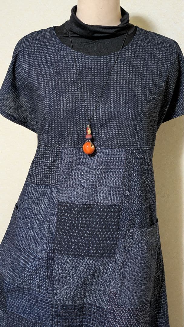 書生紬　古布藍染の着物リメイクロングワンピース　バッチワーク風　108