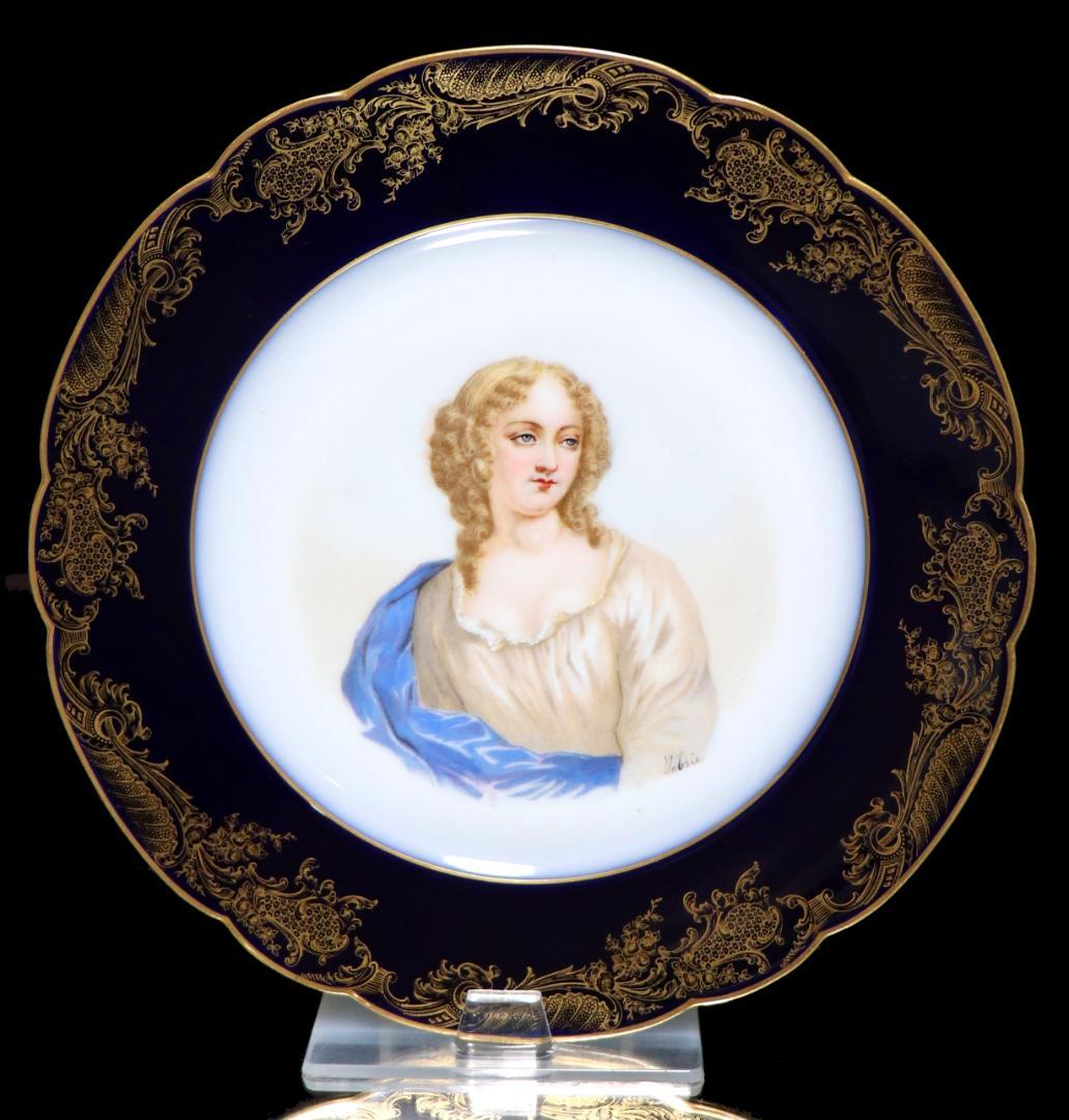 オールド・セーブル 1846年製 瑠璃地色絵金彩婦人図皿 ヴァリエール 肖像画