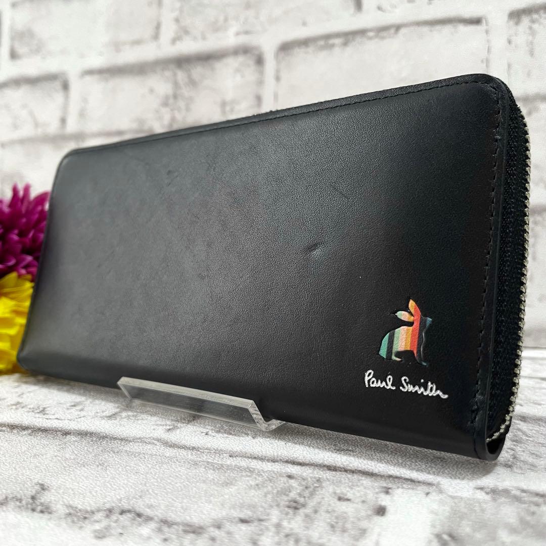 美品✨ ポールスミス　長財布　マーケトリーストライプラビット　ラウンドジップ　黒