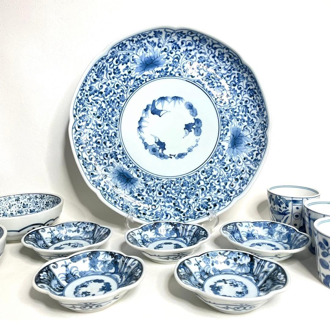 『龍峰窯』 古伊万里唐草　有田焼　伊万里染付花唐草 花文皿　16枚