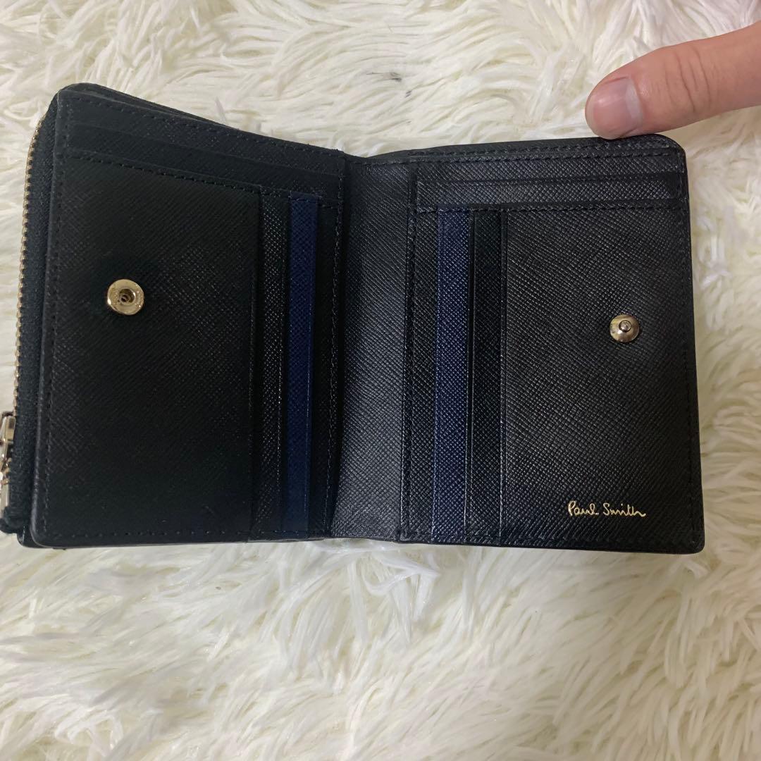ポールスミス　ポールドローイング 二つ折り財布 レザー 総柄　L字ジップ 黒
