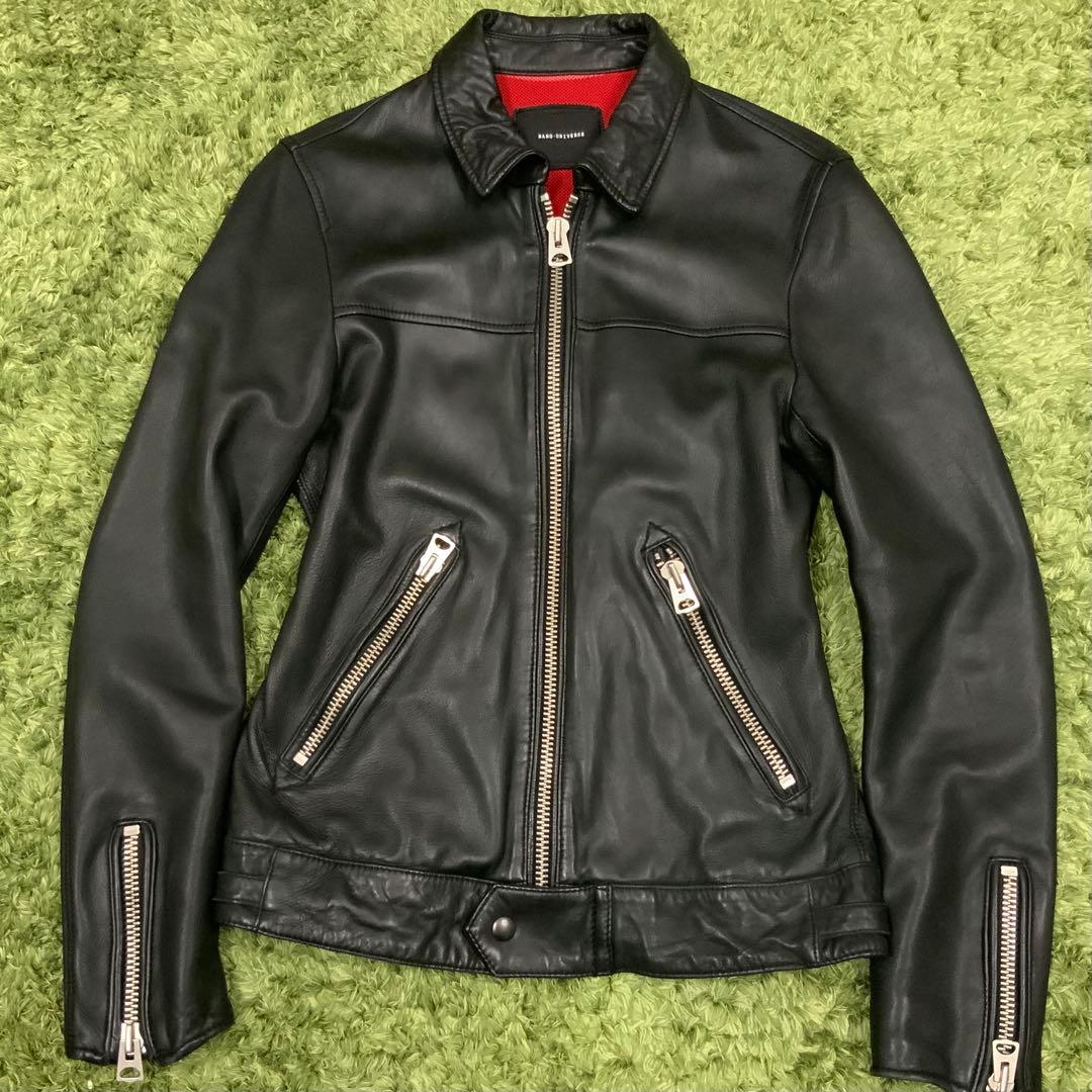 美品 ラムレザー ナノユニバース 裏地赤メッシュ ビッグジッパー メンズS