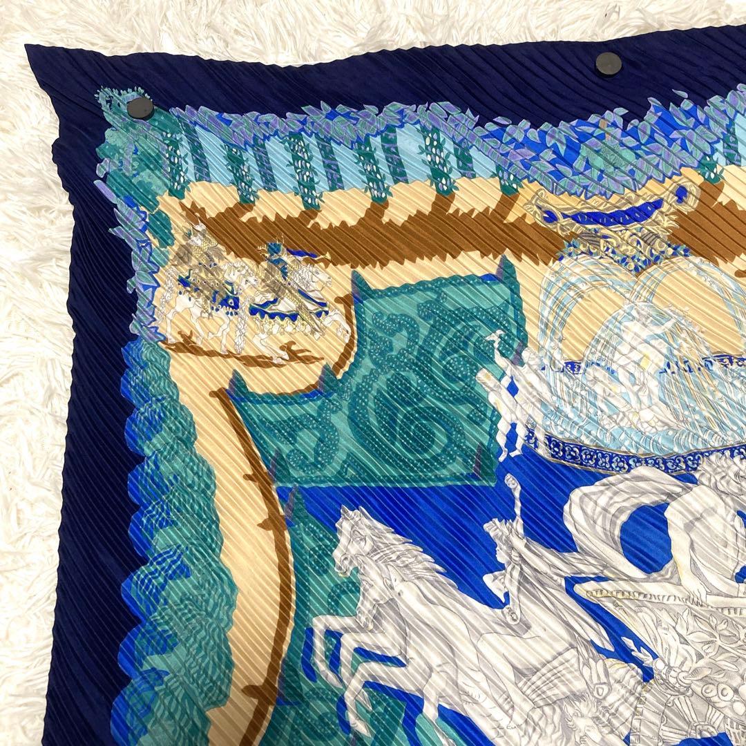 美品HERMES【王の楽園】カレプリセ プリーツカレ 絹　大判 総柄 スカーフ青