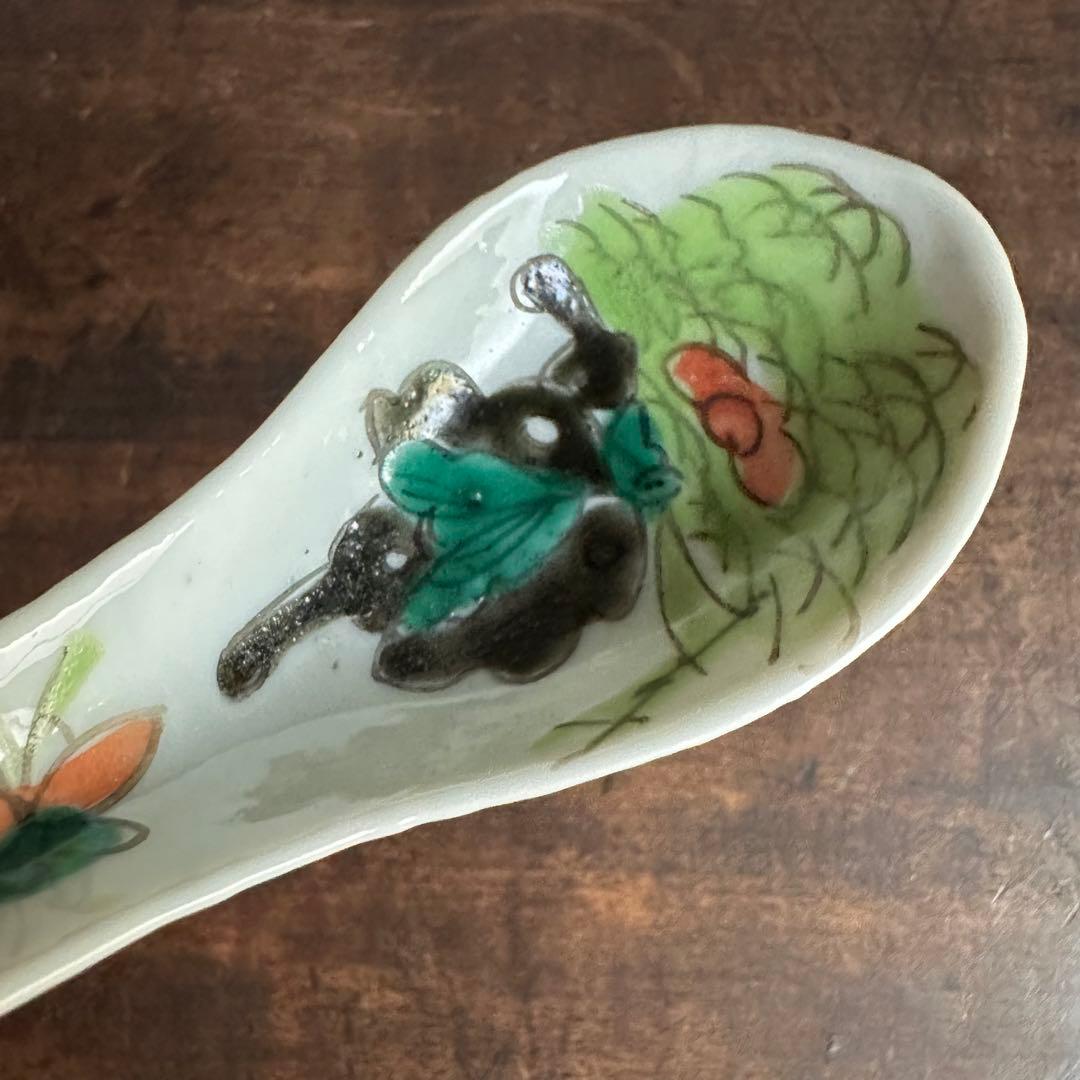 【希少】清朝期 色絵 蝶の図 散蓮華 2客 中国古玩 中国美術 骨董品