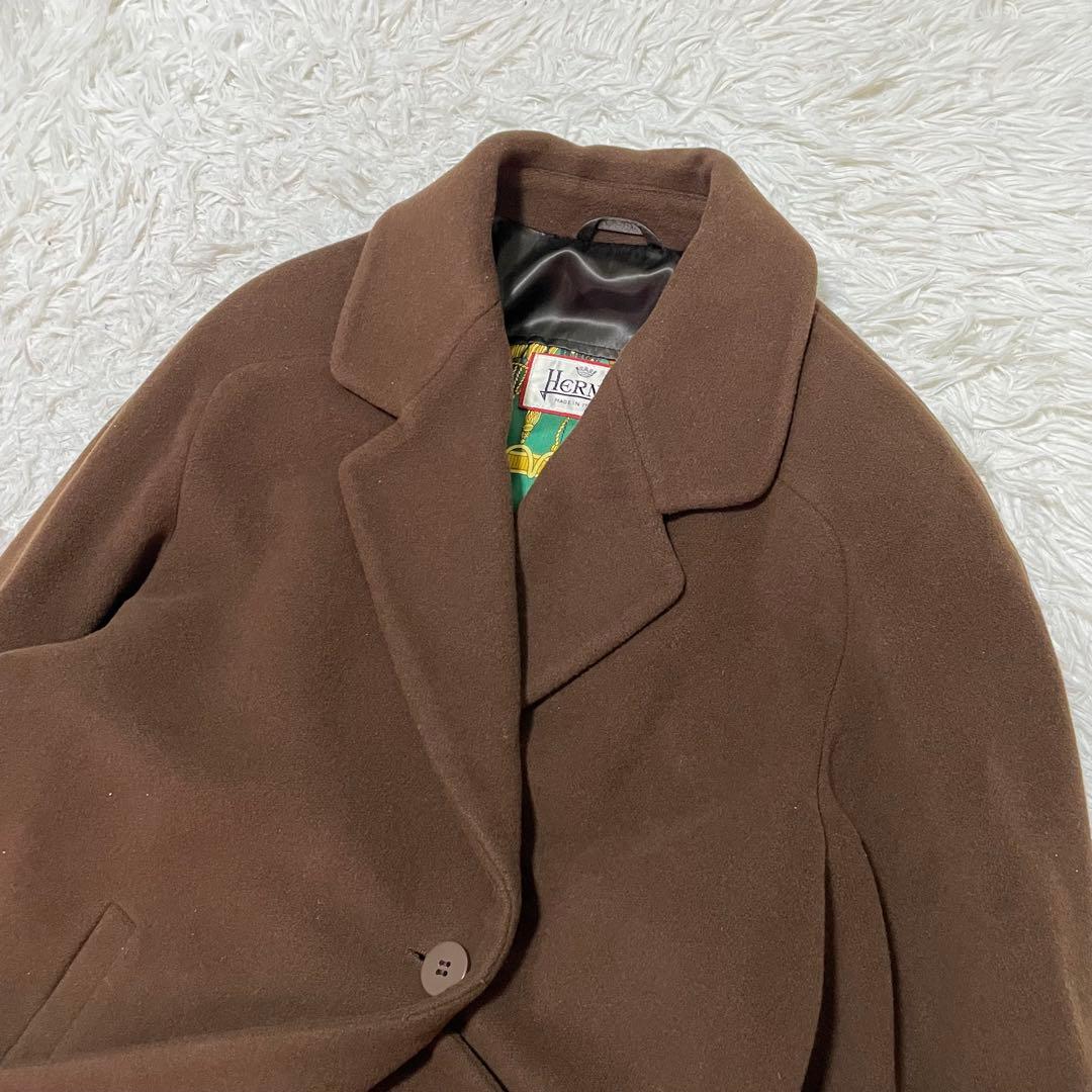42/XL相当 ヘルノ カシミヤコート キャメルブラウン 裏地スカーフ柄 ダブル