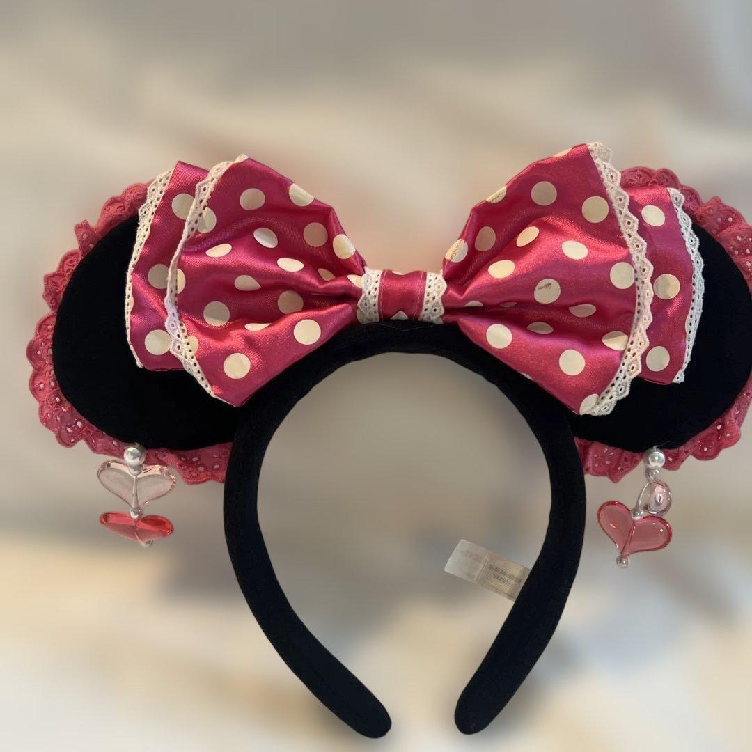 ディズニー　ミニー　水玉　ビーズ　カチューシャ　ピンク　イヤリング