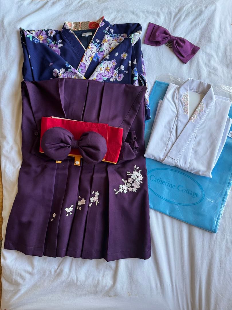 キャサリンコテージ　150㎝　袴セット(瑠璃着物×本紫袴NV　髪飾り＆半襦袢付き