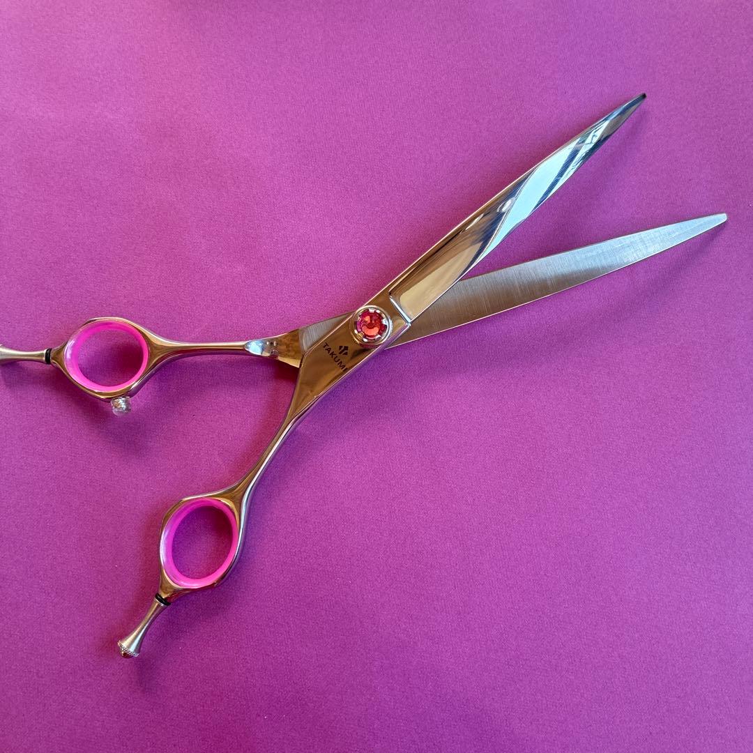 犬用トリミングハサミ ステンレス ピンク カーブシザー ギザ刃