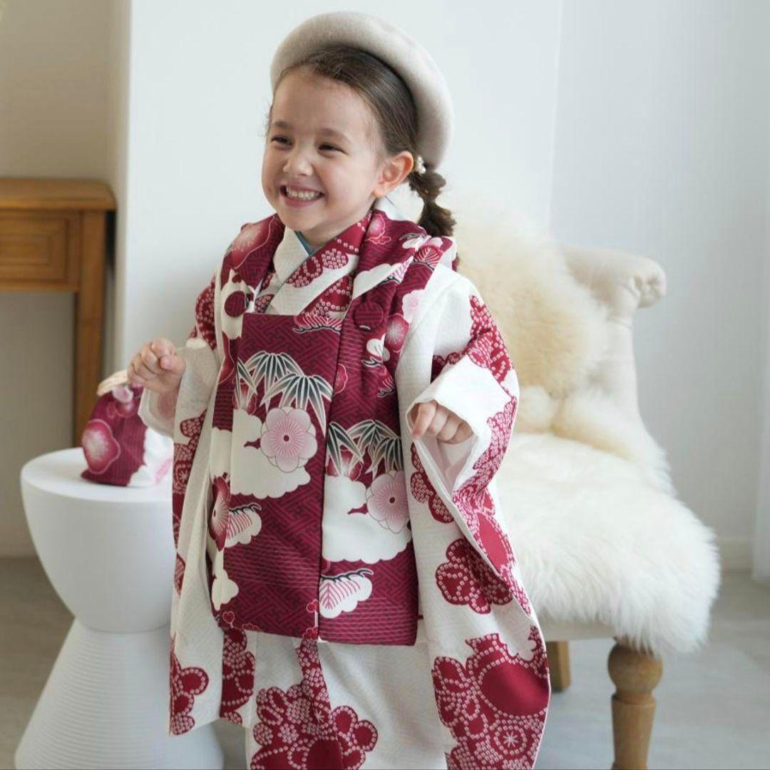 ひよこ商店 七五三 3歳 元禄梅模様×白百合色 絞り柄 レトロ 大正浪漫