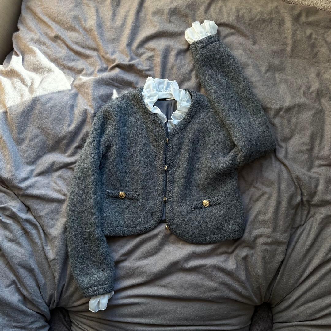 SNIDEL フリルブラウス付き シャギーニットカーディガン グレー