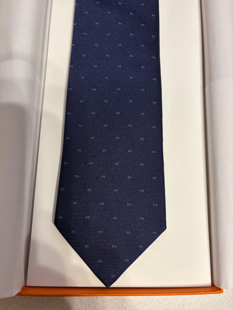 HERMES ネイビー H柄パターン ネクタイ シルク