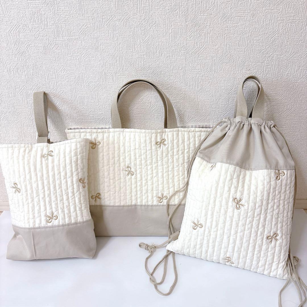 レッスンバッグ 上履き入れ　ナップサック　ヌビ　リボン刺繍