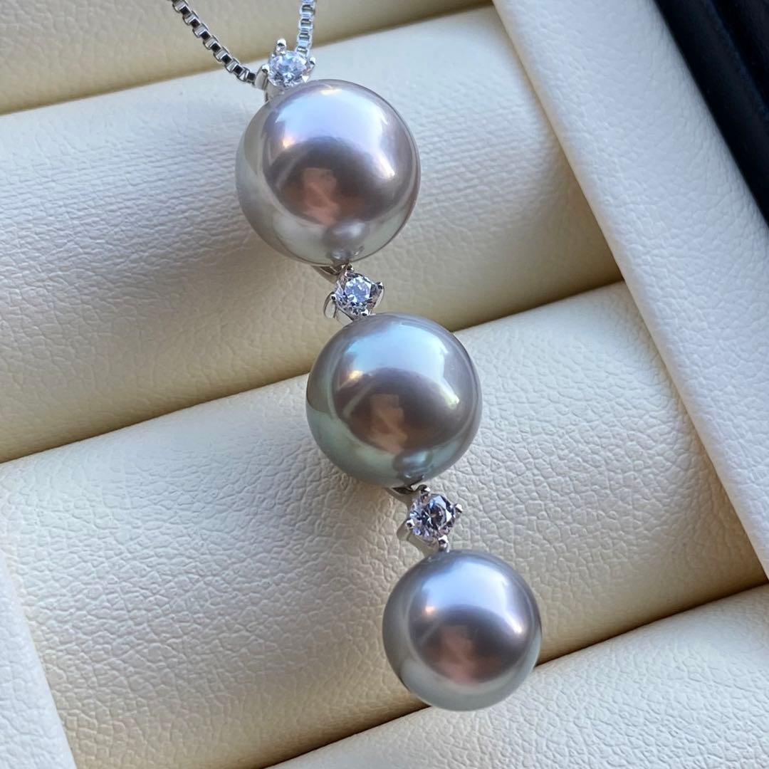 本真珠　南洋黒蝶真珠3連パールネックレストップ　グレーPT925