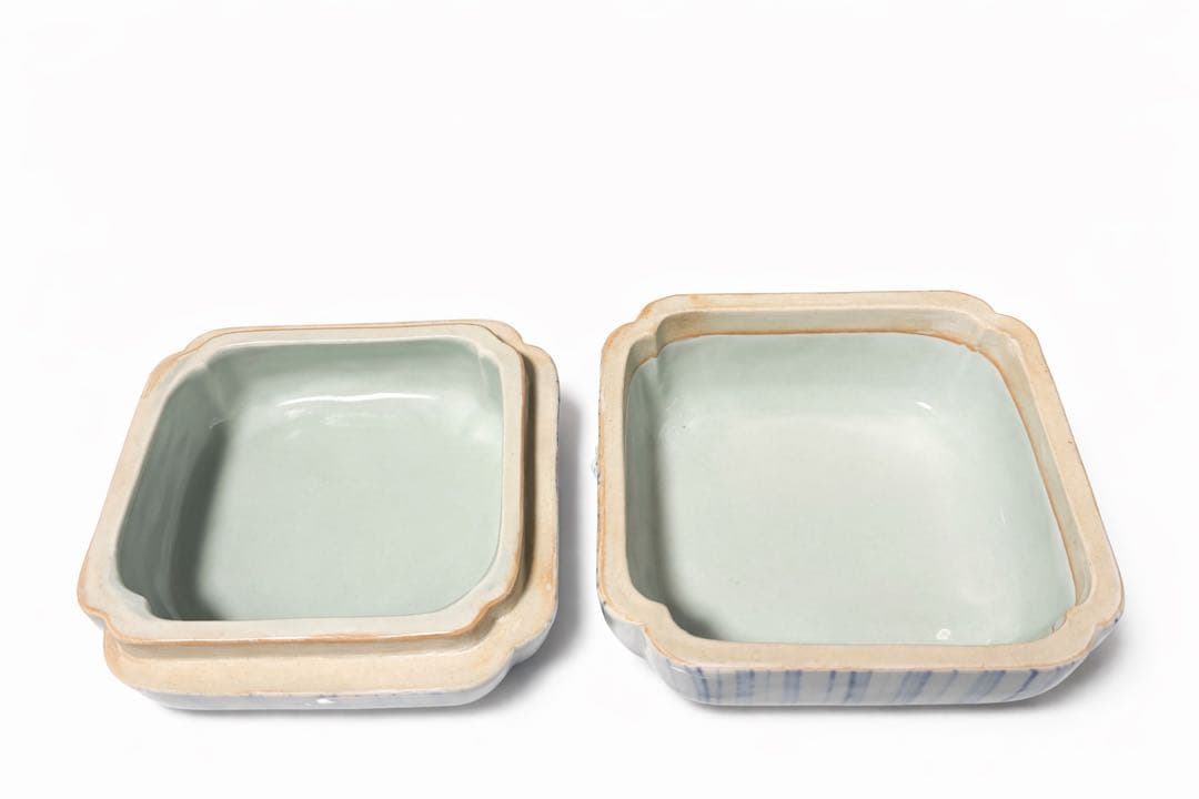 共箱付 瀧田項一 作 青釉 人物文 蓋物 小箱 食籠