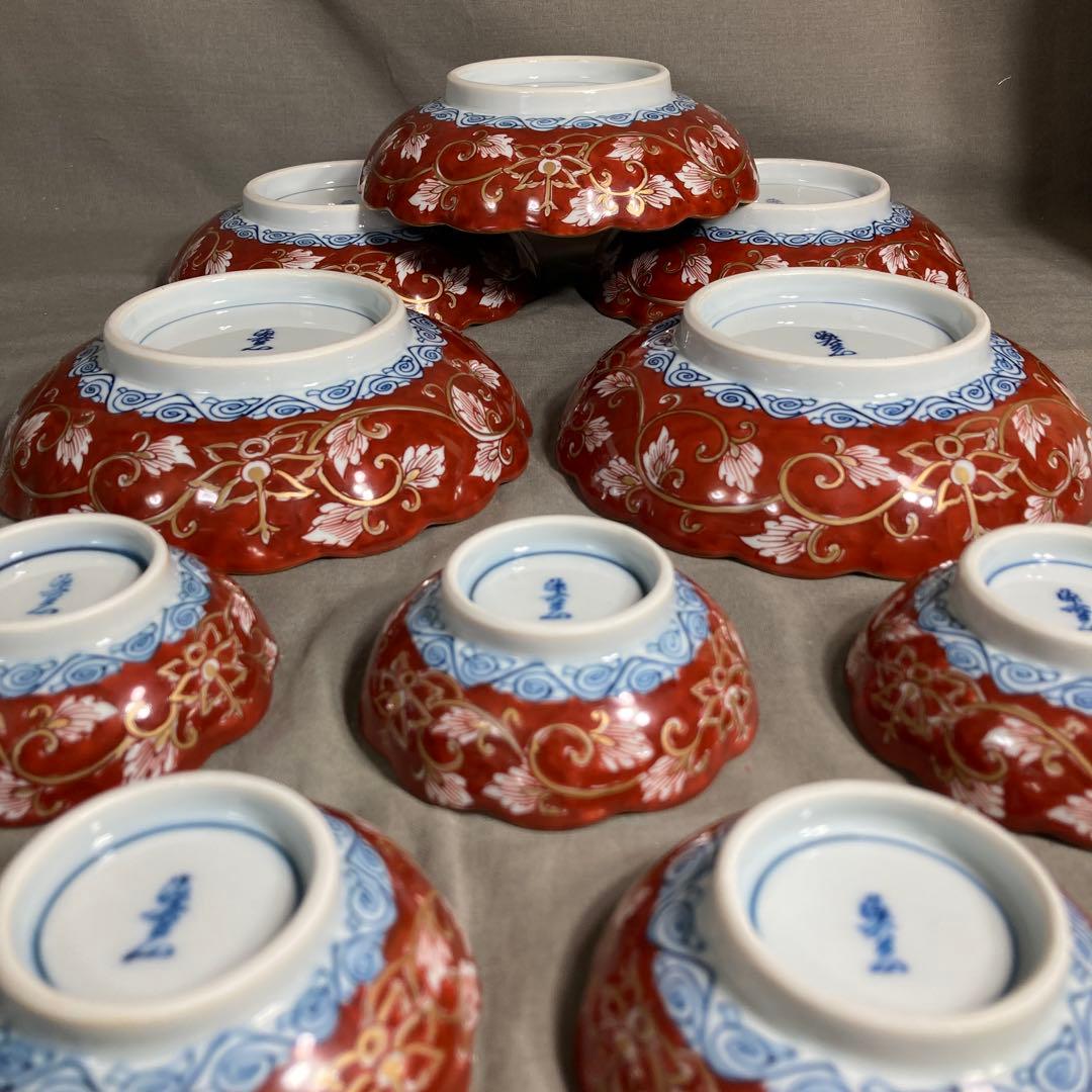 【源右衛門】古伊万里の伝統　日本の銘窯　源右衛門作　赤濃菊唐草文　向付大小十客揃