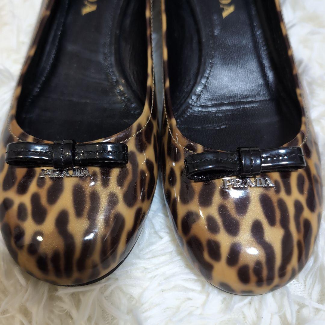 ☘*有様 美品 PRADA レオパード柄/ヒョウ柄 エナメル リボンパンプス 2