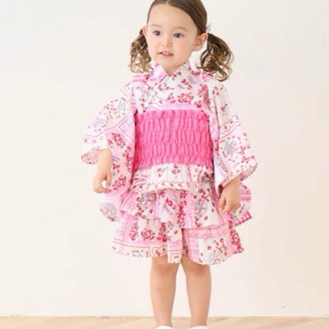 メゾピアノ いちごハンカチ柄　浴衣ドレス　100