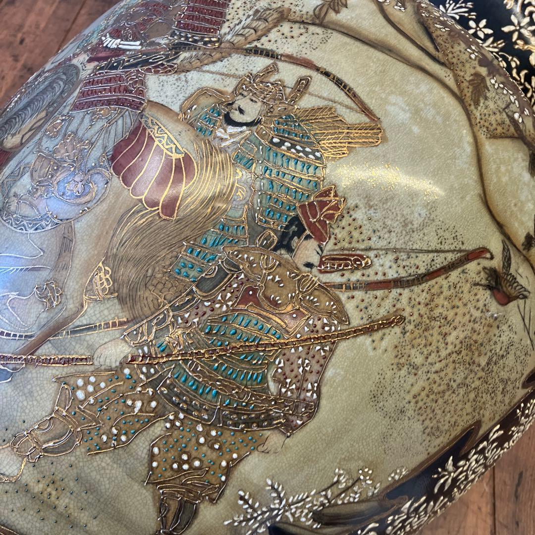 ヴィンテージ 綿竜軒 陶器 大型 飾り壺 豪華絢爛 武者絵図 花瓶 花器 骨董品