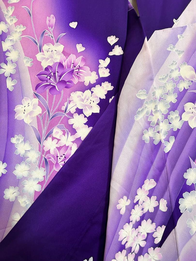 トール振袖 濃紫×藤色 花吹雪 流れ模様 身丈168 裄63 袖丈107