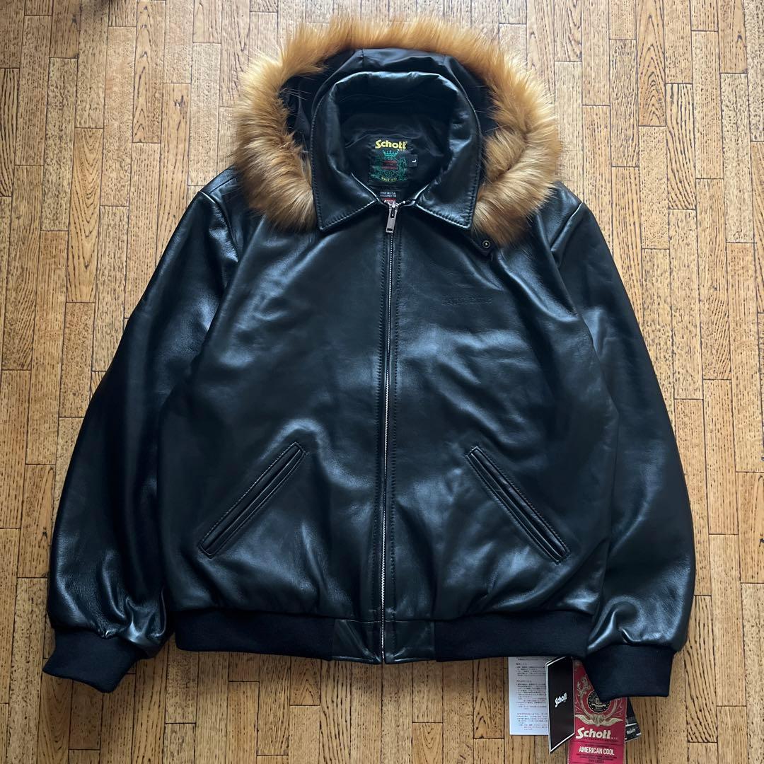 Supreme Schott フーディーレザーボンバージャケット 黒 L