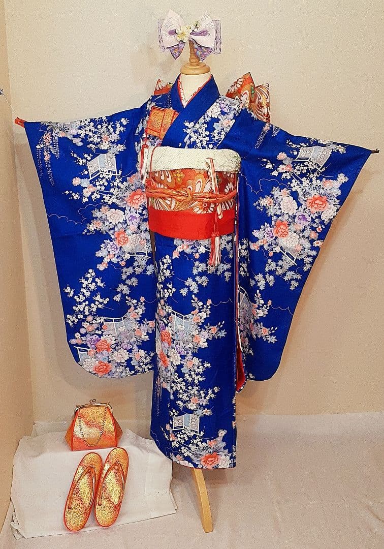 美品 七五三 7歳 着物 結び帯セット 青 12点フルセット★女の子 赤金の帯