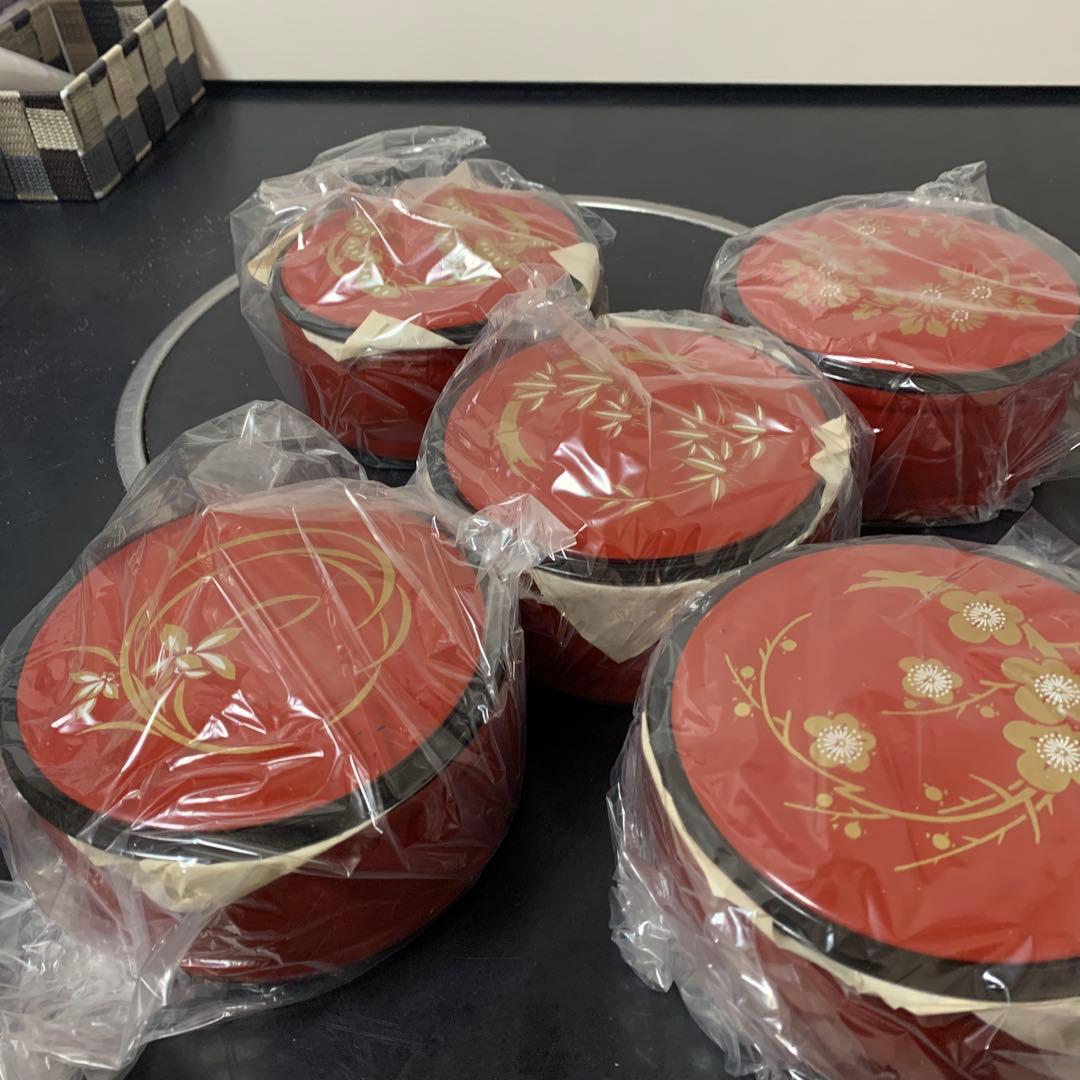 【中古】赤い花柄 蓋つき煮物椀 5個セット18-444