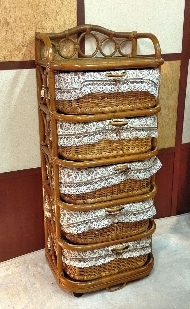 昭和レトロ 籐家具 ラタン チェスト 引き出し 5段 収納 キャスター付き