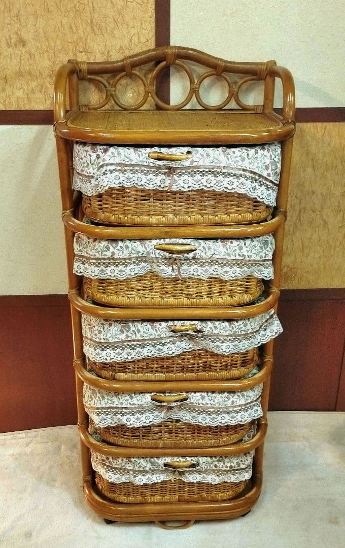 昭和レトロ 籐家具 ラタン チェスト 引き出し 5段 収納 キャスター付き