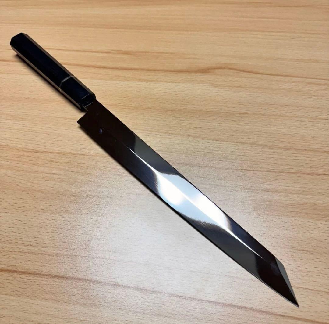 切付柳刃包丁　鏡面　黒檀本牛角八角柄　刺身包丁　（全鋼）