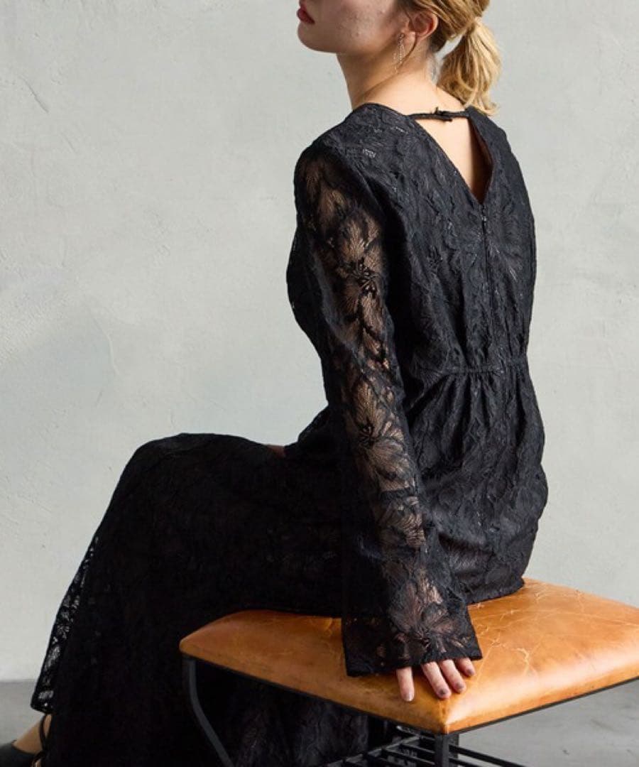 新品タグ付き ブラックレースロングドレス