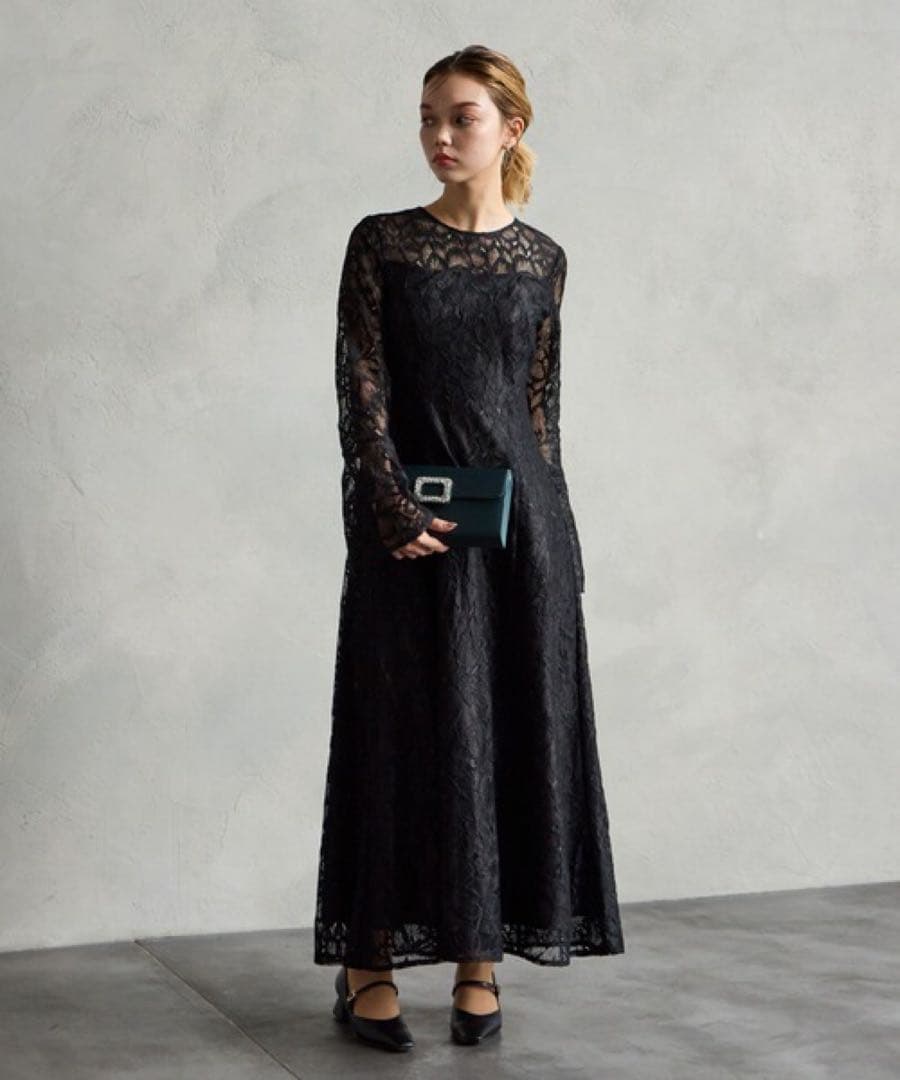 新品タグ付き ブラックレースロングドレス