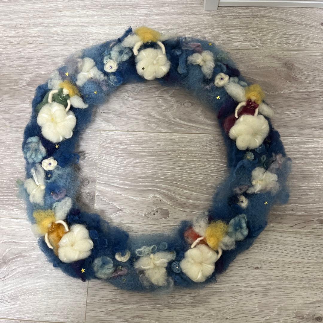 ハンドメイド　全て羊毛　天使とお花のリース　染〜製作まで