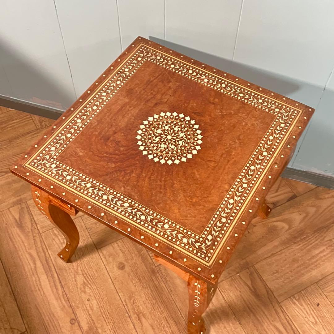 素敵 アンティーク 象嵌デザイン スクエア型 木製サイドテーブル ビンテージ品