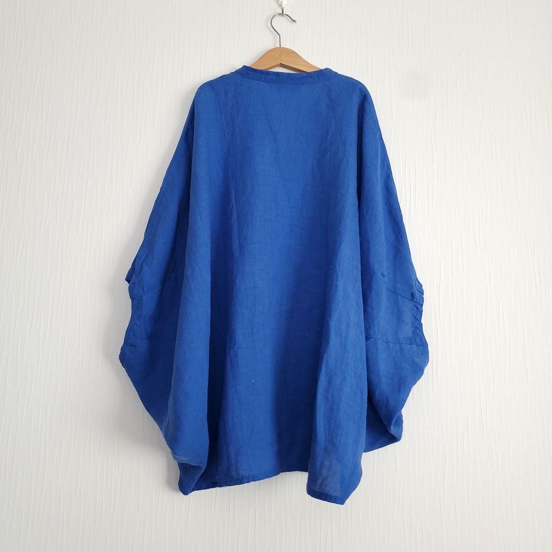 ミズイロインド リネン100％ ドルマンスリーブシャツ ブルー