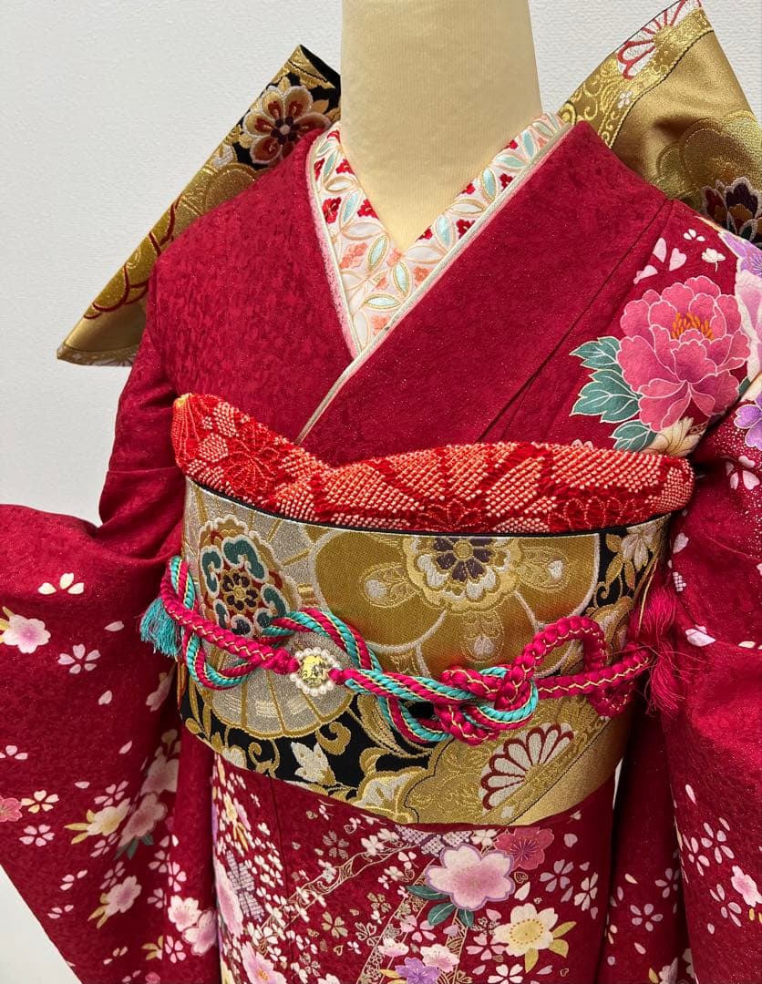 振り袖　フルセット　別誂長襦袢　成人式　赤　金彩加工　刺繍入り　銀通し　760