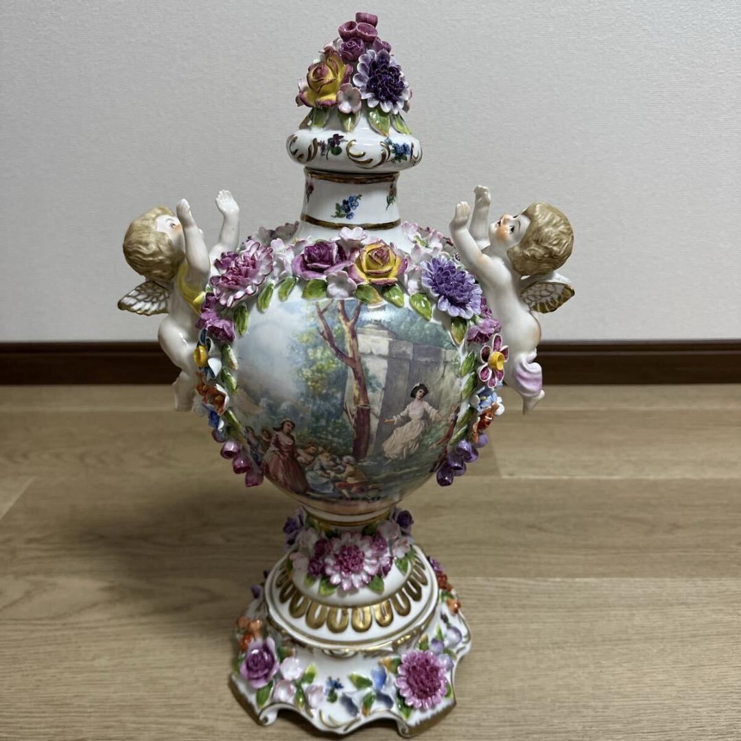 マイセン 色絵金彩 細密細工 手描き画天使 花蓋付飾り壷 花瓶 高さ43cm