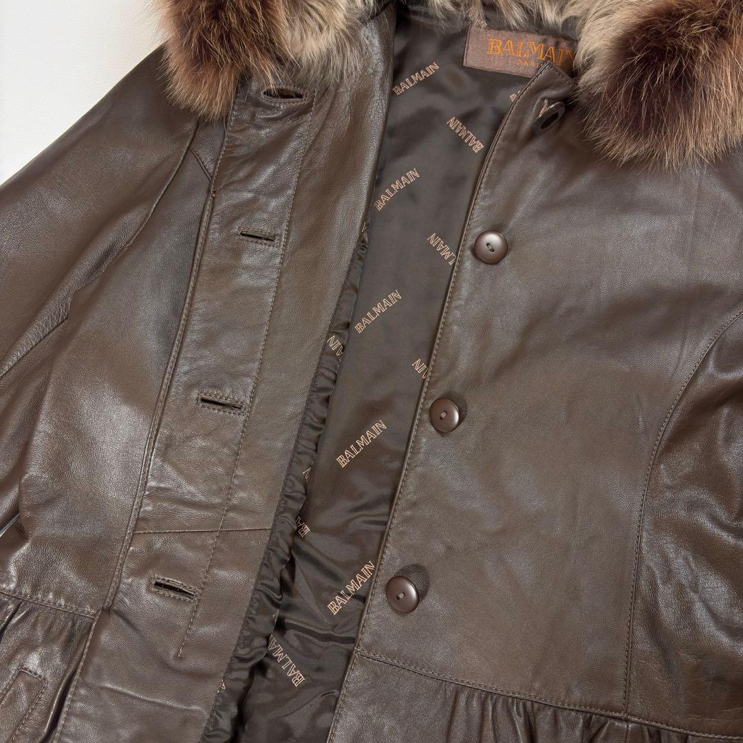 バルマン 羊革 2way レザーコート 毛皮 フォックス ラム フードファー L