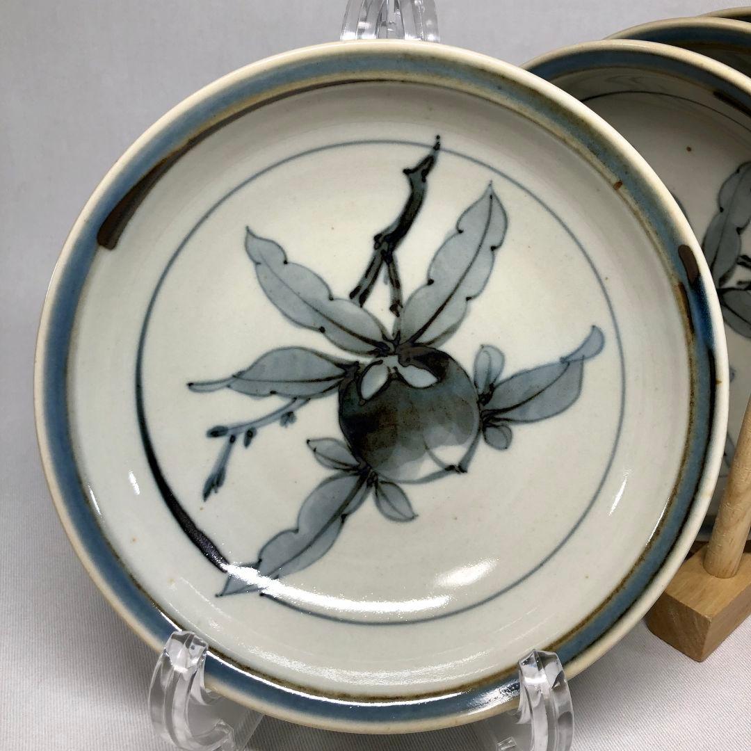 五代 佐藤走波 染付 桃絵 六十二才 平鉢 5客 レア ボウル