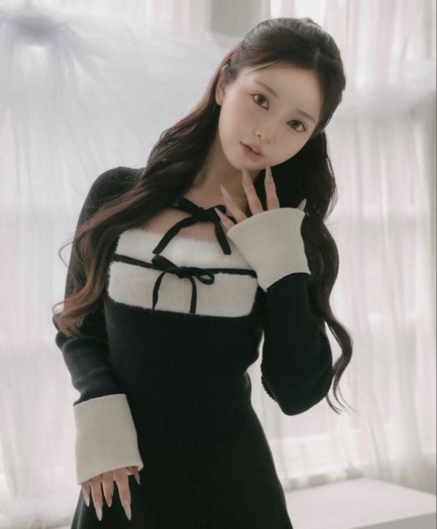 darich リボンファーフレアニットミニワンピース