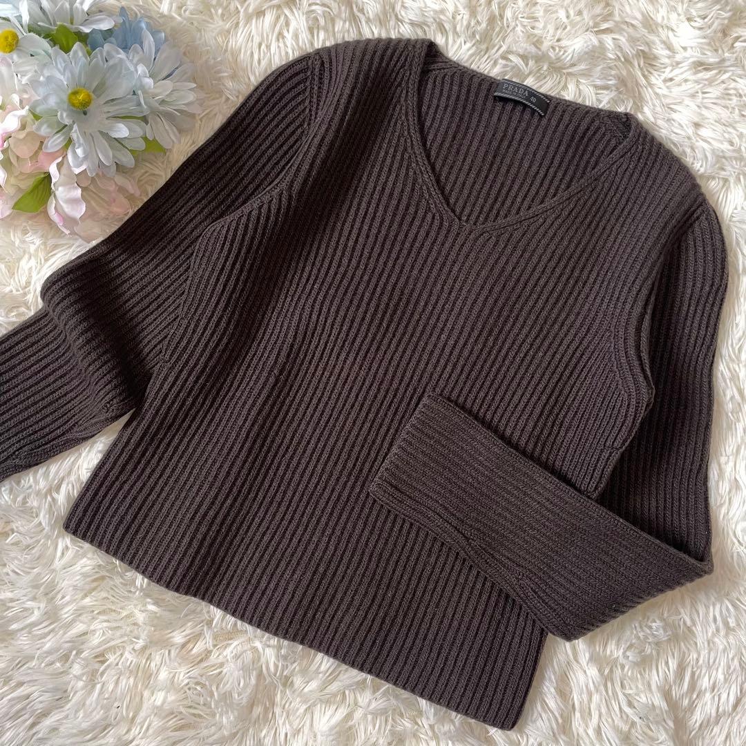 PRADA カシミヤ混 Vネック リブニット セーター ブラウン サイズ40