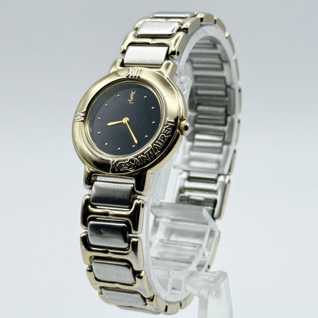 ✨新品電池・稼働✨サンローラン 腕時計 クォーツ ラウンド コンビ 黒文字盤