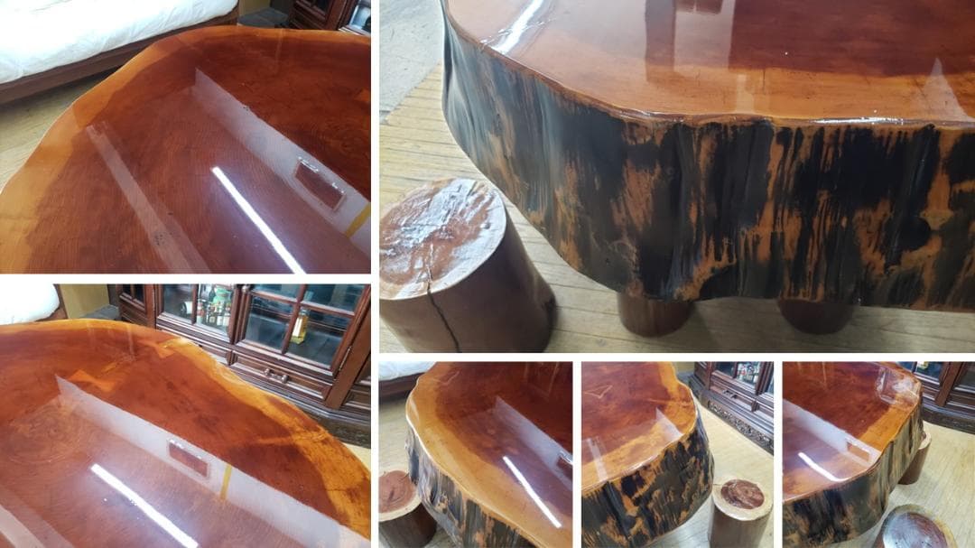 H16　一枚板　丸太脚　 厚み18.5㎝ カウンターテーブル ＆ 丸太椅子6脚