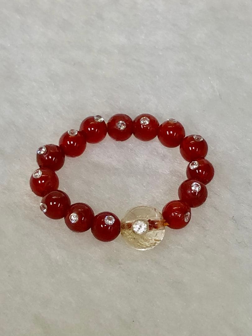 天然ダイヤモンド埋め込み　赤瑪瑙✖️ルチルクォーツ　リング14号